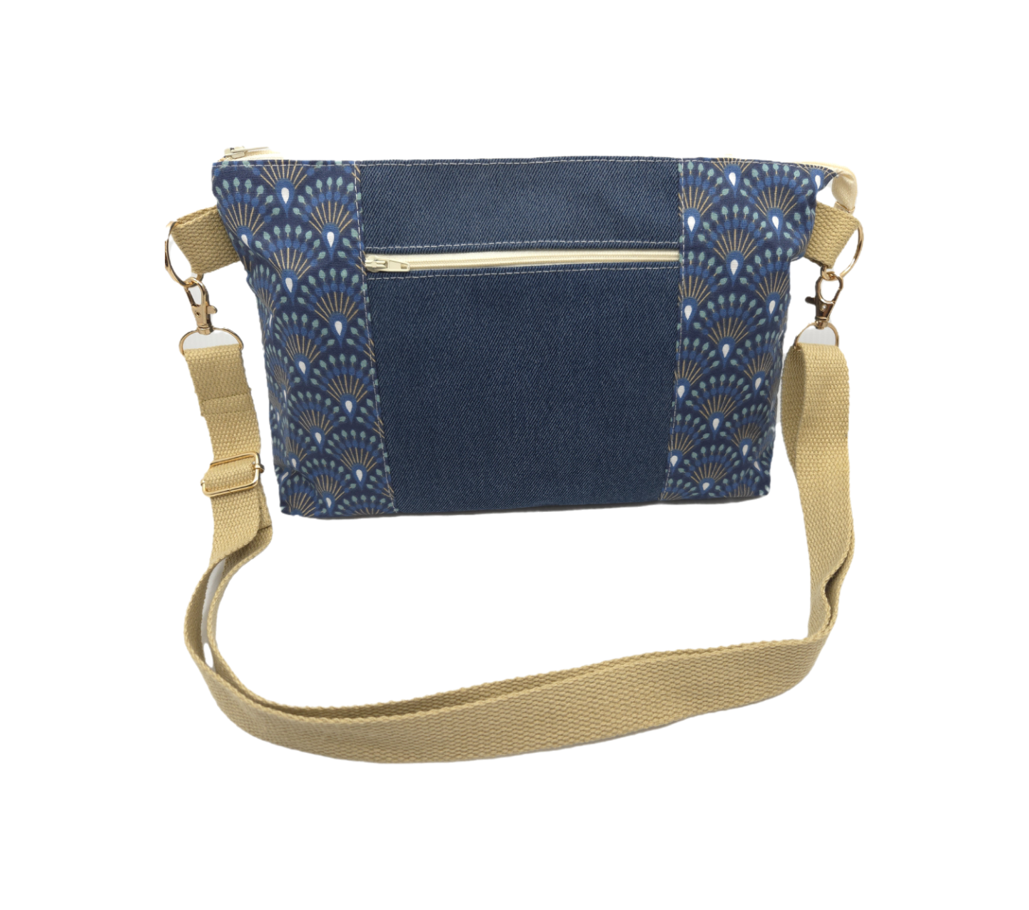 Sac à main artisanal jeans et éventails bleus