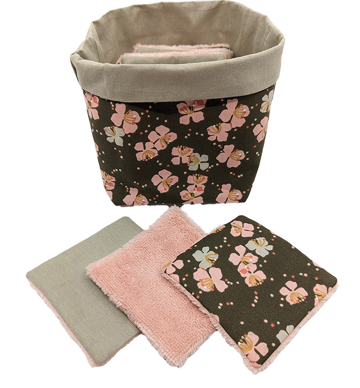 Panier à lingettes kaki à fleurs roses