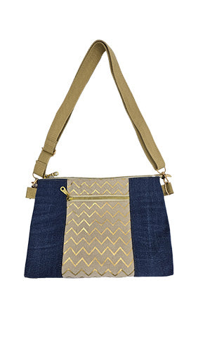 Sac à main artisanal jeans, toile de jute et or