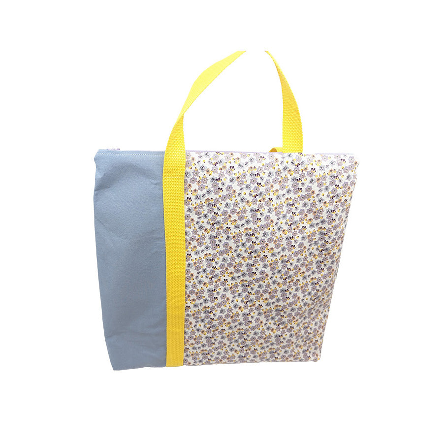 Cabas bicolore zippé "Fleurs bleues"
