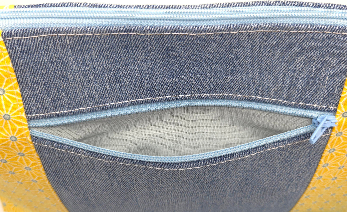 Sac à main artisanal jeans et motifs jaunes et bleus