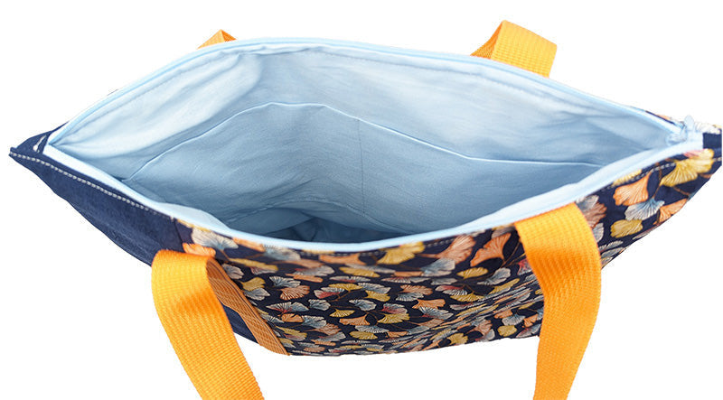 Cabas bicolore zippé "Ginkgo bleues"
