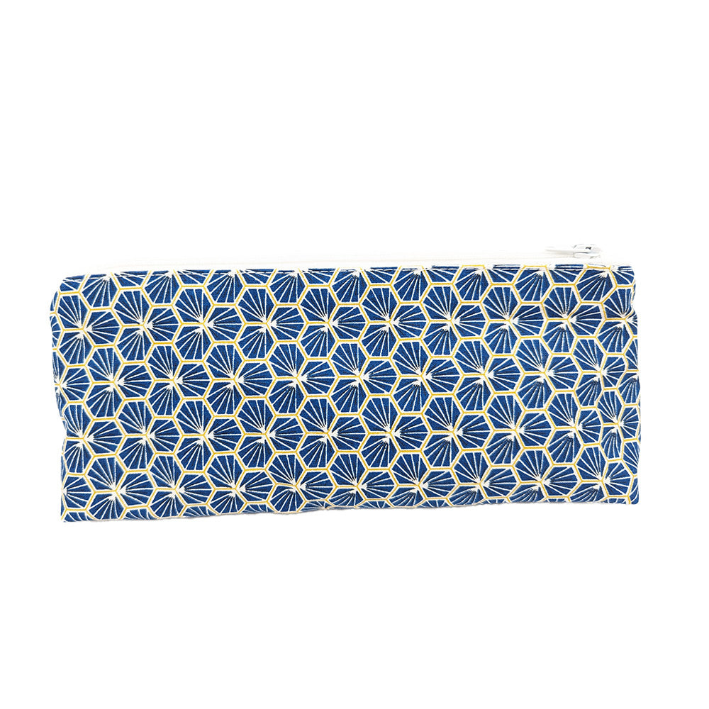 Trousse avec poche extérieure "Fleurs japonaises" bleue