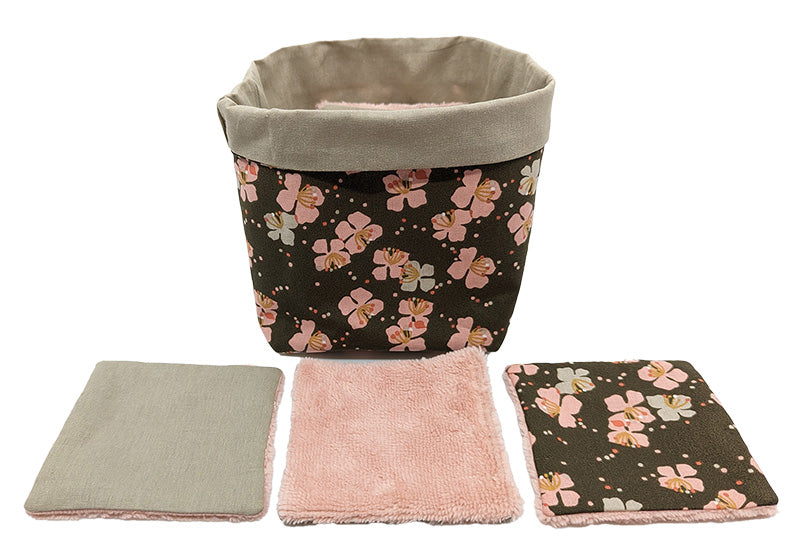 Panier à lingettes kaki à fleurs roses