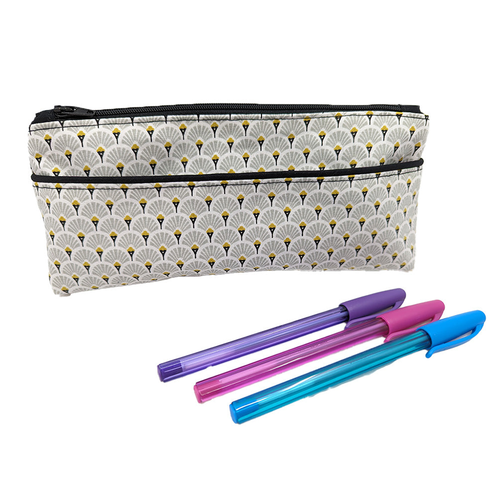 Trousse avec poche extérieure éventails gris