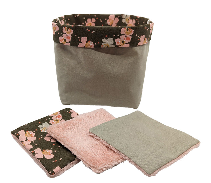 Panier à lingettes kaki à fleurs roses