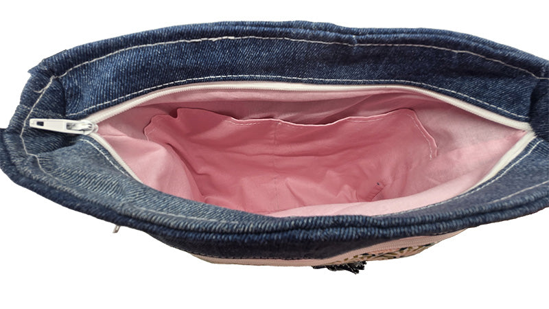 Sac à bandouilère artisanal jeans et éventails roses