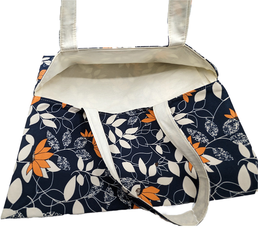 Sac à tarte réversible feuillage fleuri bleu marine