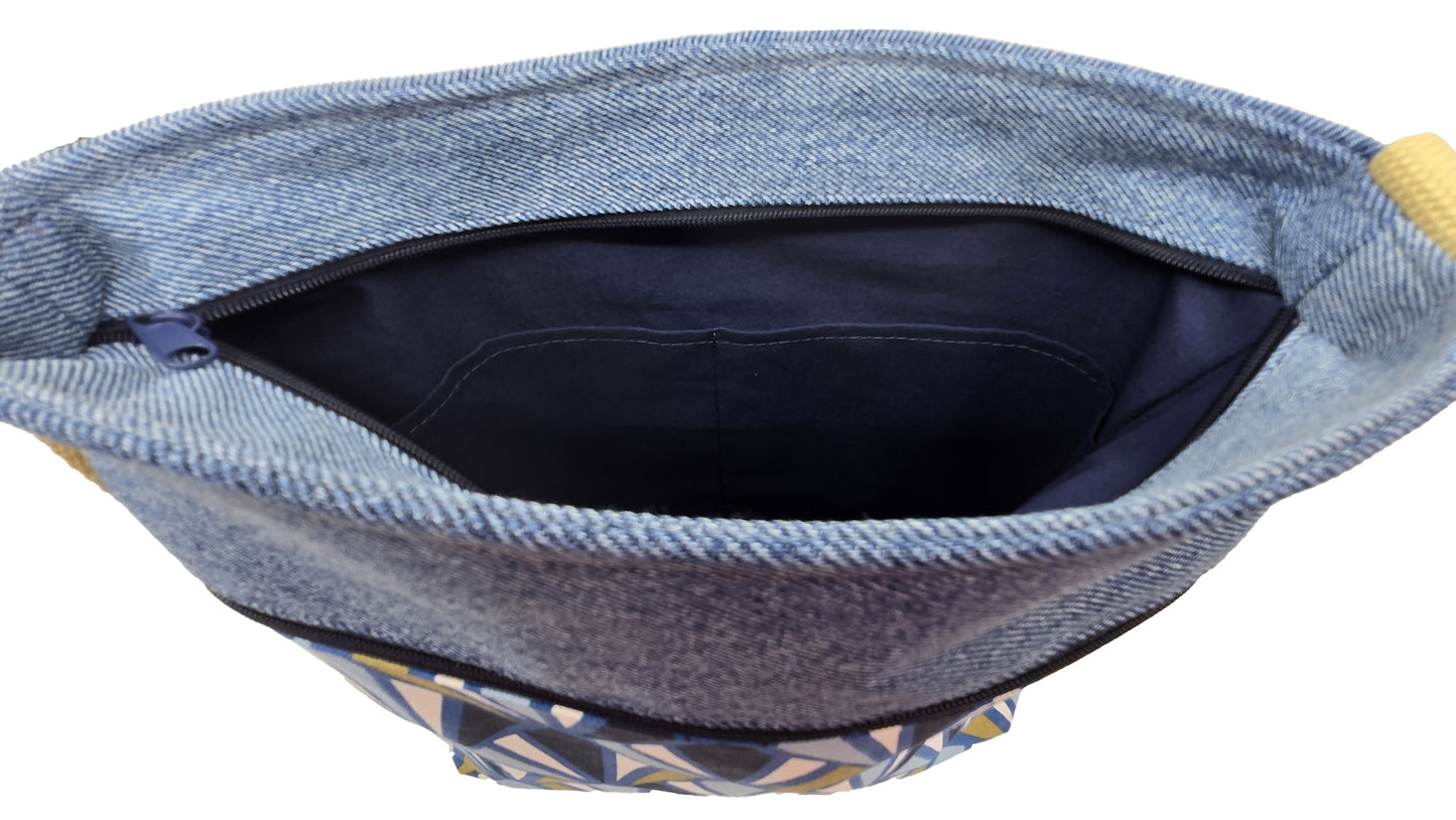 Sac à bandoulière artisanal jeans et coton bleu et beige