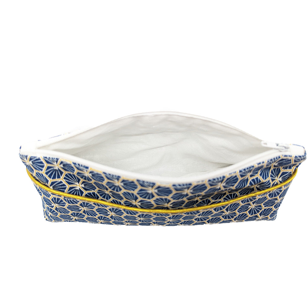 Trousse avec poche extérieure "Fleurs japonaises" bleue