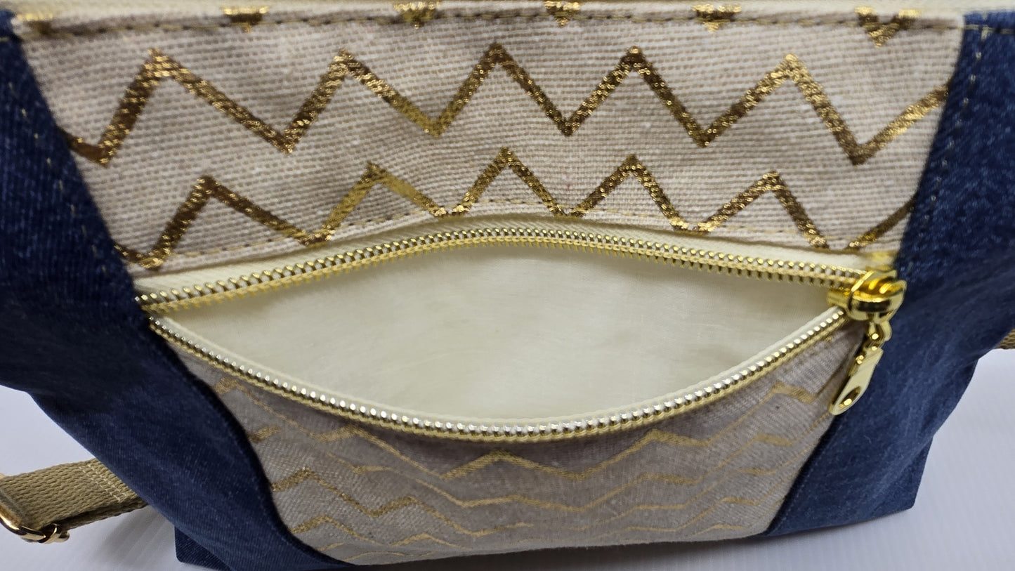 Sac à main artisanal jeans, toile de jute et or