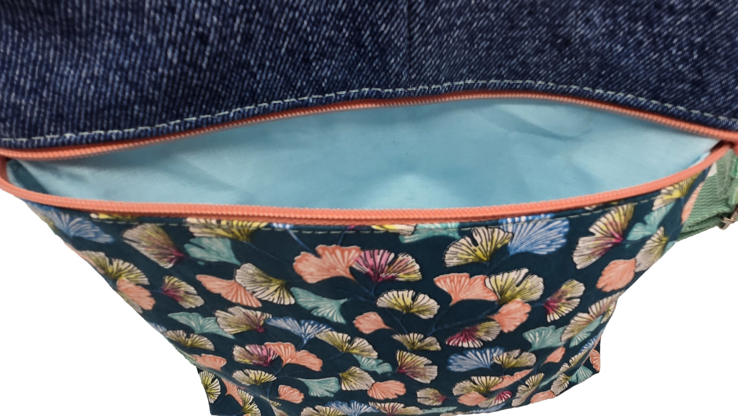Sac à bandoulière artisanal jeans et feuilles de ginkgo