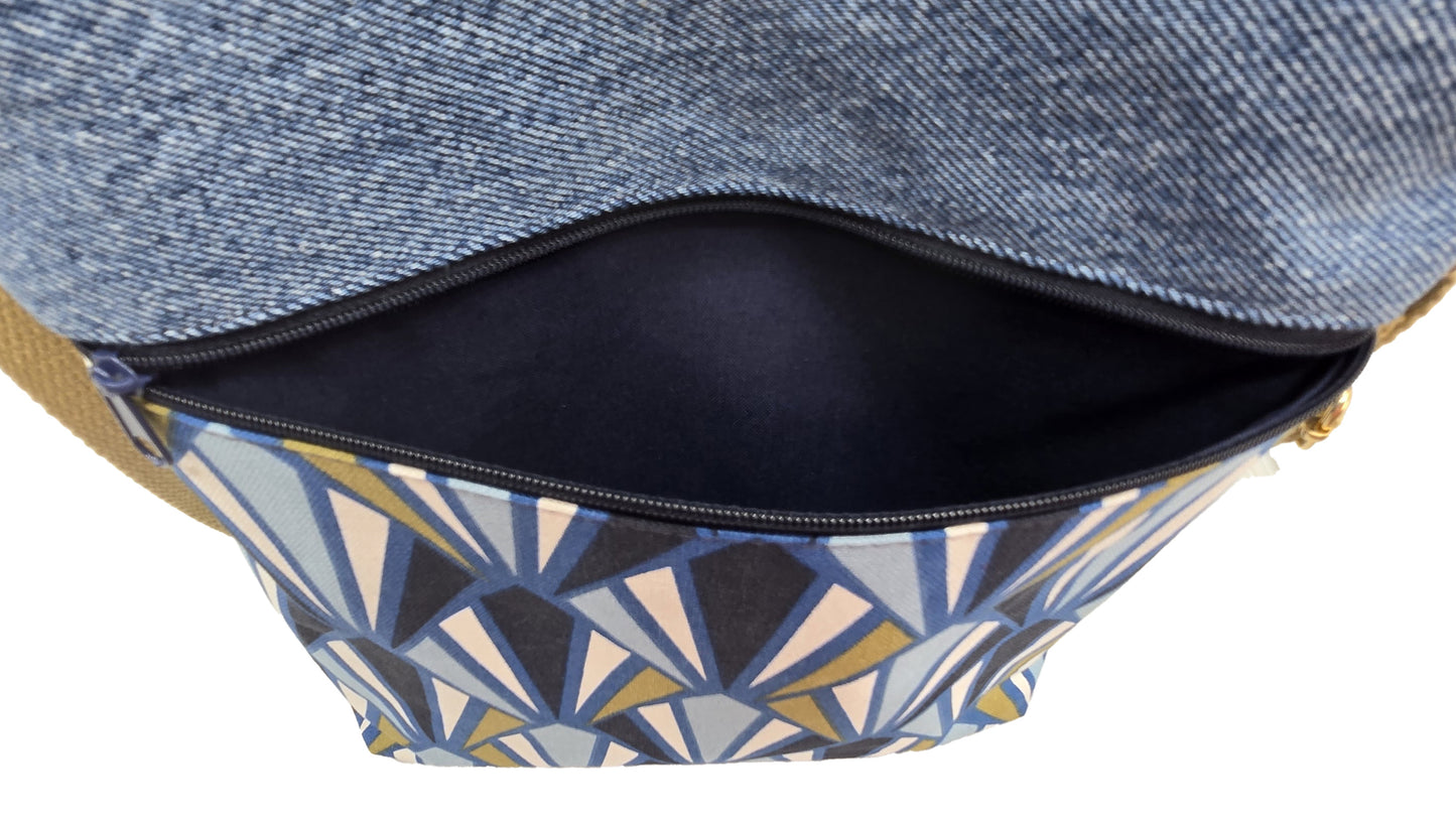 Sac à bandoulière artisanal jeans et coton bleu et beige