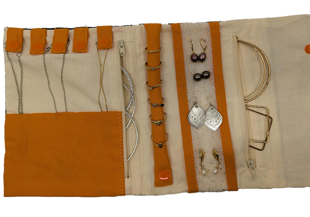 Pochette à bijoux de voyage bleue marine et orange