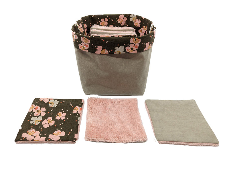 Panier à lingettes kaki à fleurs roses