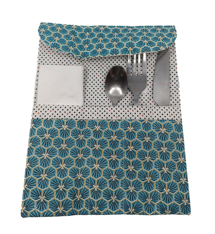 Etui à couverts "Fleurs japonaises" turquoise