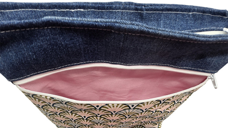 Sac à bandouilère artisanal jeans et éventails roses