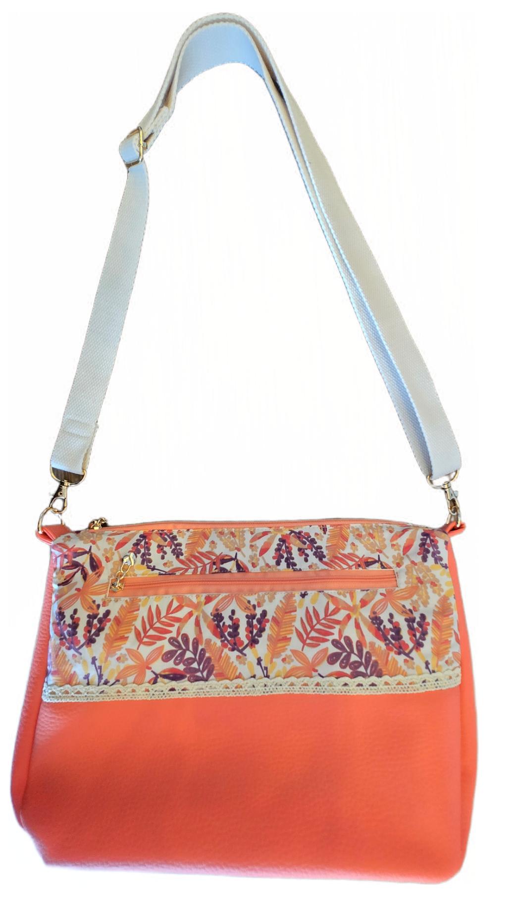 Sac à main artisanal en simili-cuir et coton "Summer flowers" corail