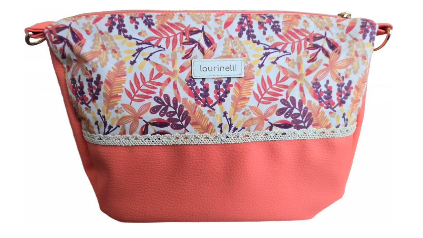 Sac à main artisanal en simili-cuir et coton "Summer flowers" corail