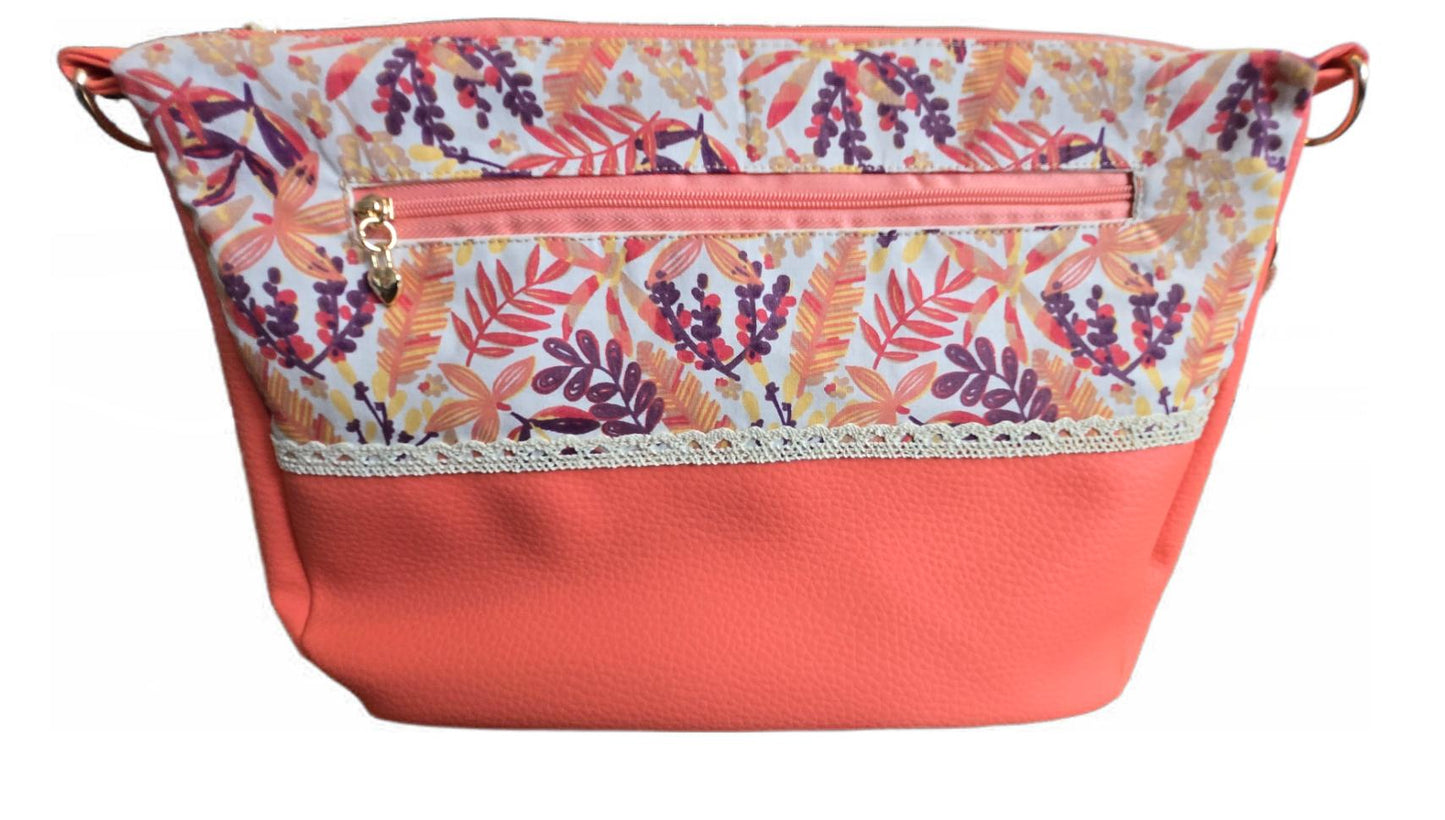 Sac à main artisanal en simili-cuir et coton "Summer flowers" corail
