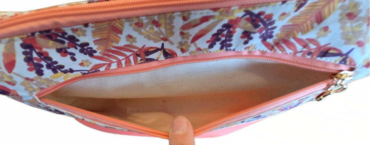 Sac à main artisanal en simili-cuir et coton "Summer flowers" corail
