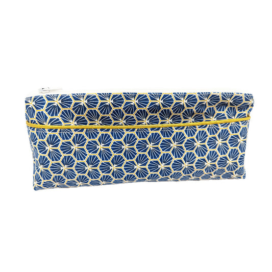 Trousse avec poche extérieure "Fleurs japonaises" bleue