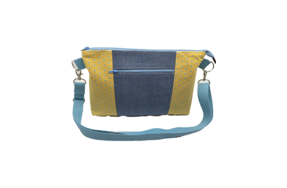 Sac à main artisanal jeans et motifs jaunes et bleus