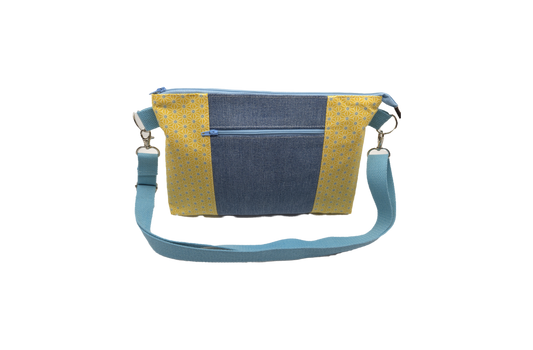Sac à main artisanal jeans et motifs jaunes et bleus