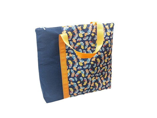 Cabas bicolore zippé "Ginkgo bleues"