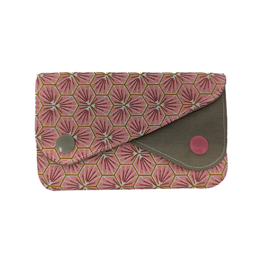 Porte-monnaie double à pressions "Fleurs japonaises" rose et beige
