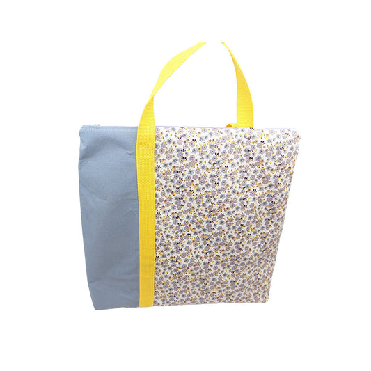 Cabas bicolore zippé "Fleurs bleues"