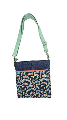 Sac à bandoulière artisanal jeans et feuilles de ginkgo