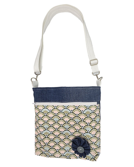 Sac à bandouilère artisanal jeans et éventails roses
