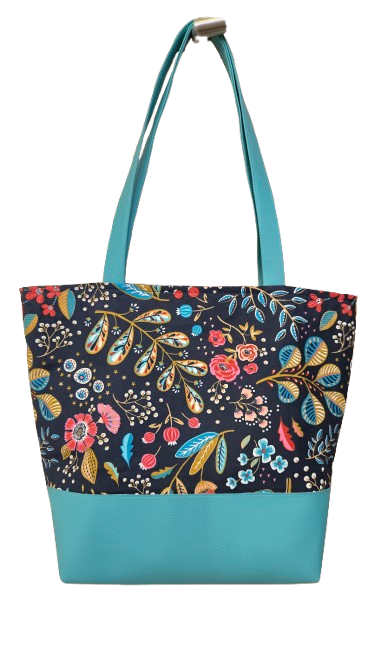 Sac bicolore zippé fleurs et feuilles fond marine et simili turquoise