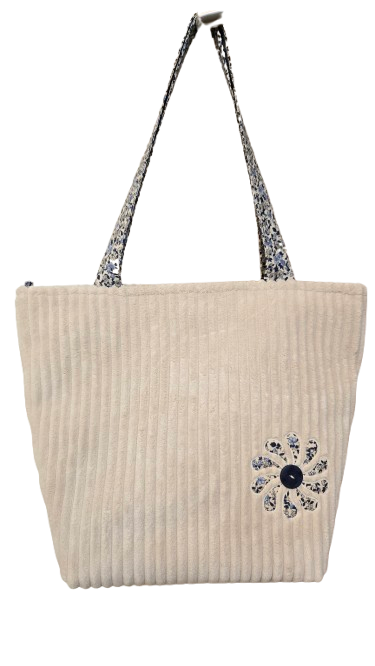 Sac zippé velours beige et fleurs bleues