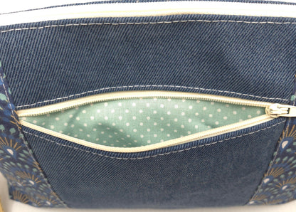 Sac à main artisanal jeans et éventails bleus