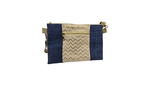 Sac à main artisanal jeans, toile de jute et or