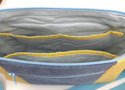 Sac à main artisanal jeans et motifs jaunes et bleus