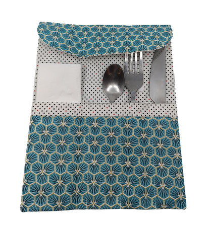 Etui à couverts "Fleurs japonaises" turquoise