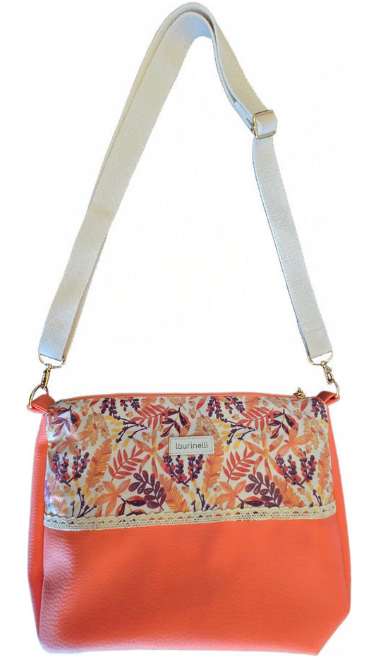 Sac à main artisanal en simili-cuir et coton "Summer flowers" corail