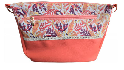 Sac à main artisanal en simili-cuir et coton "Summer flowers" corail